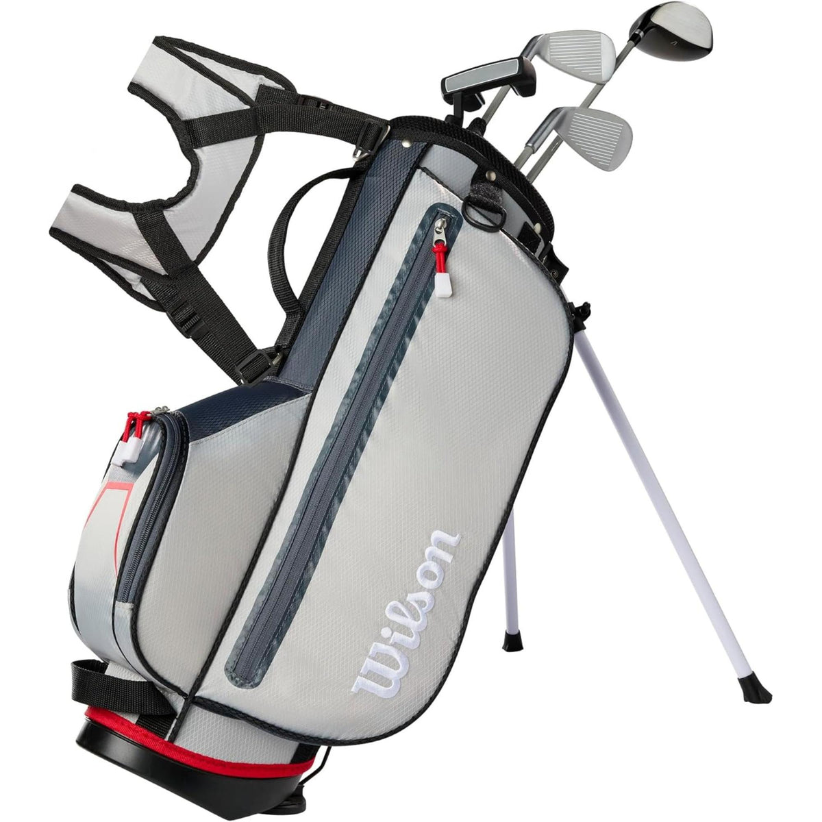Wilson Golf Profile Jr small complete golf set with stand bag in gray and black, featuring junior clubs, dual shoulder straps, and built-in stand legs.