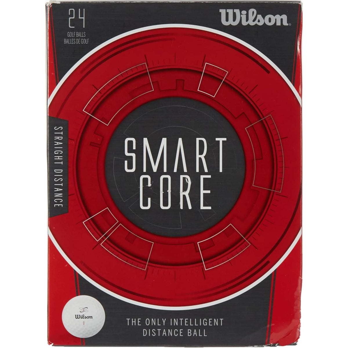 Wilson Golf Smart Core golf balls 24-pack box in red and black packaging with “Smart Core” branding and straight distance performance messaging.