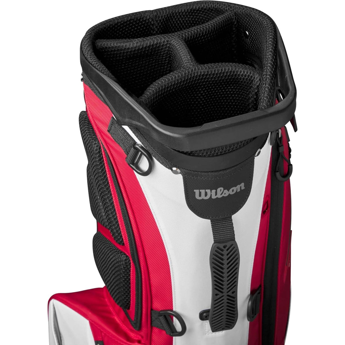 Wilson EXO Lite stand golf bag with lightweight carry design, 4-way top divider, dual padded shoulder straps, and multiple storage pockets for organized, comfortable carrying on the course.