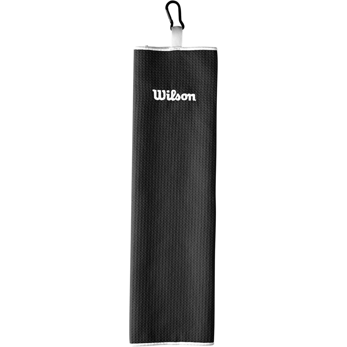 Wilson Golf tri-fold towel in black with white Wilson logo and clip attachment for hanging on a golf bag.