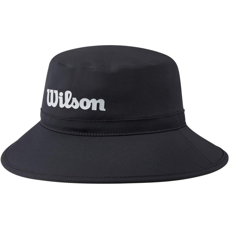 Wilson Golf waterproof rain hat in navy blue featuring a wide brim and white Wilson logo on the front for weather protection on the course.