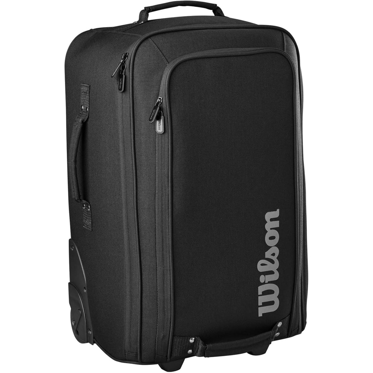 Wilson Golf Tour carry-on luggage in black with multiple zippered compartments, durable fabric construction, and vertical Wilson logo, designed for travel and golf gear storage.