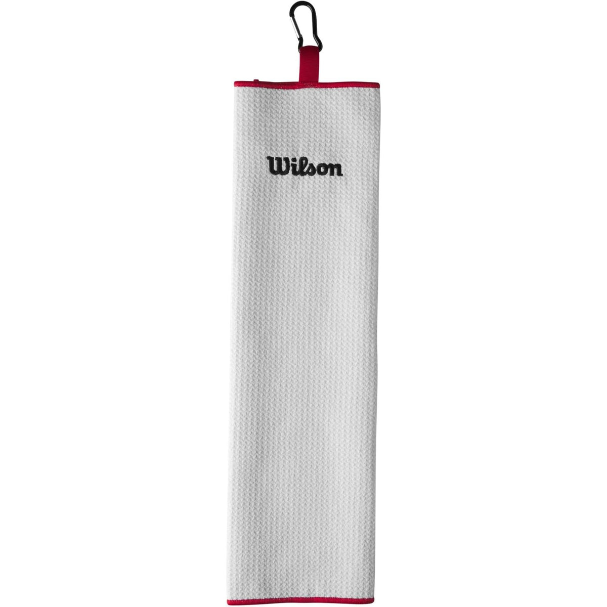 Wilson Golf tri-fold towel in white with black Wilson logo and clip attachment for hanging on a golf bag.