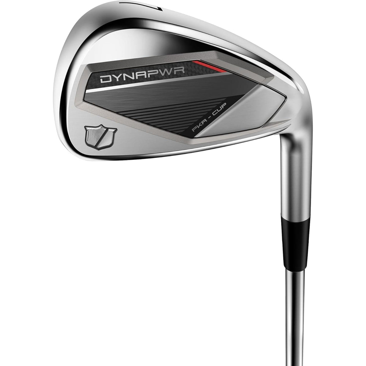 Wilson Golf DYNAPWR steel iron featuring a cavity back design with PKR-Cup face technology and a polished chrome club head for enhanced distance and control.