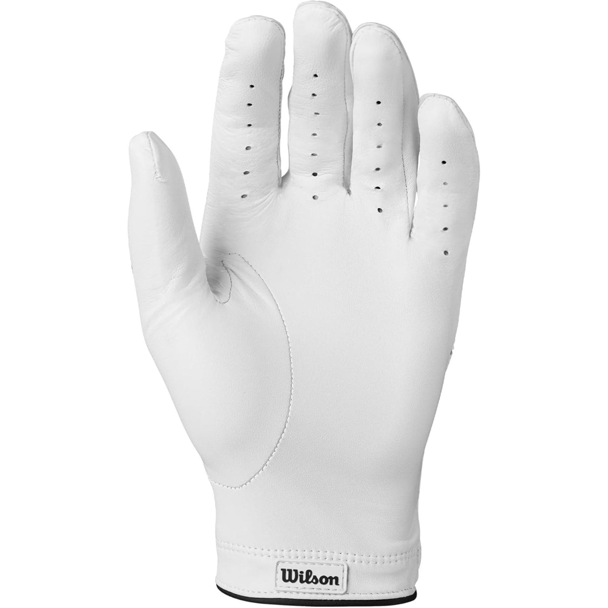 Wilson Golf Staff Model® premium white leather golf glove with perforated fingers, reinforced palm patch, and adjustable wrist closure, shown front and back on a white background.