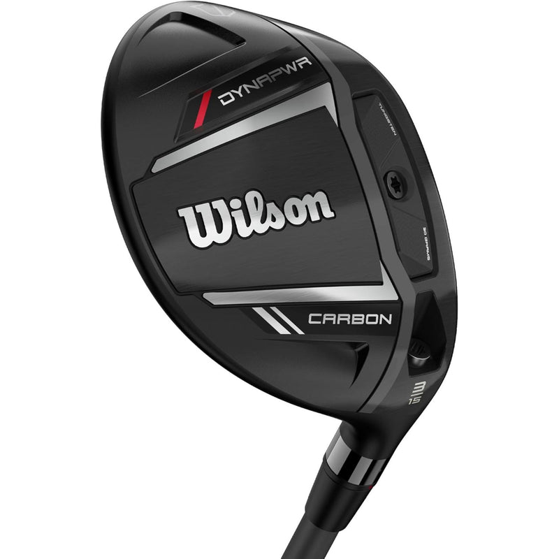 Wilson Golf DYNAPWR Carbon fairway wood featuring a black club head with carbon crown technology, adjustable weighting, and a sleek aerodynamic design.