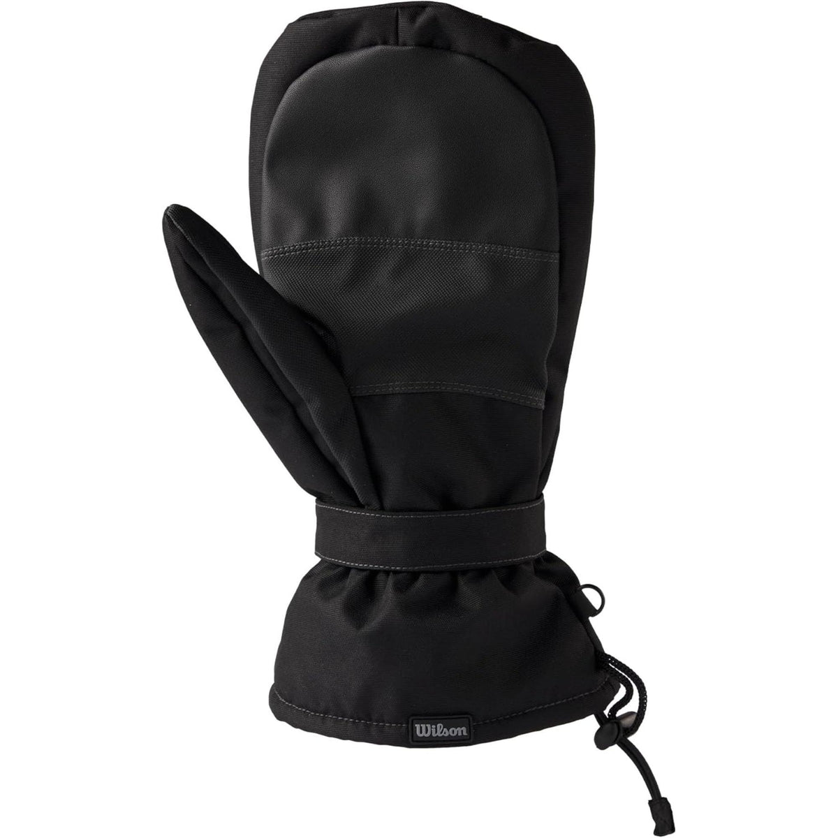 Wilson Golf winter golf mittens in black featuring insulated construction, adjustable wrist straps, and drawstring cuffs for cold-weather protection.