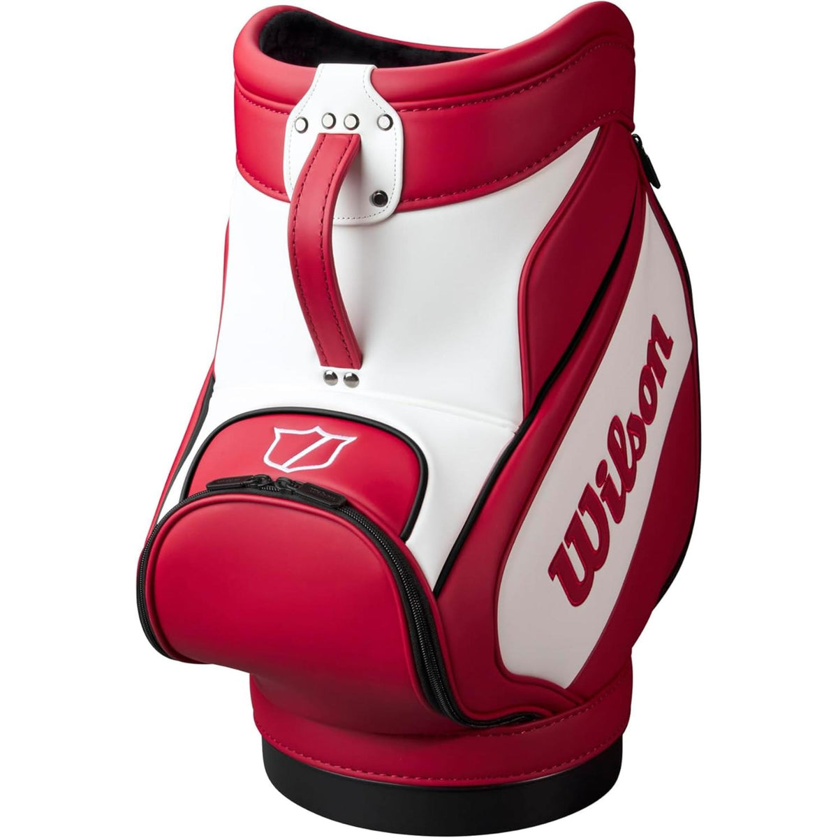 Wilson Golf Tour Range Caddie bag in red and white with large Wilson logo, compact design, and zippered storage pocket, shown on a white background.