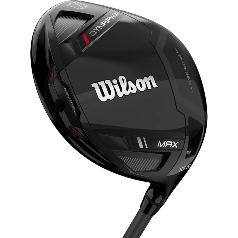 Wilson Golf DYNAPWR Max driver featuring a black aerodynamic club head with adjustable weighting, PKR-360 technology, and 10.5° loft.