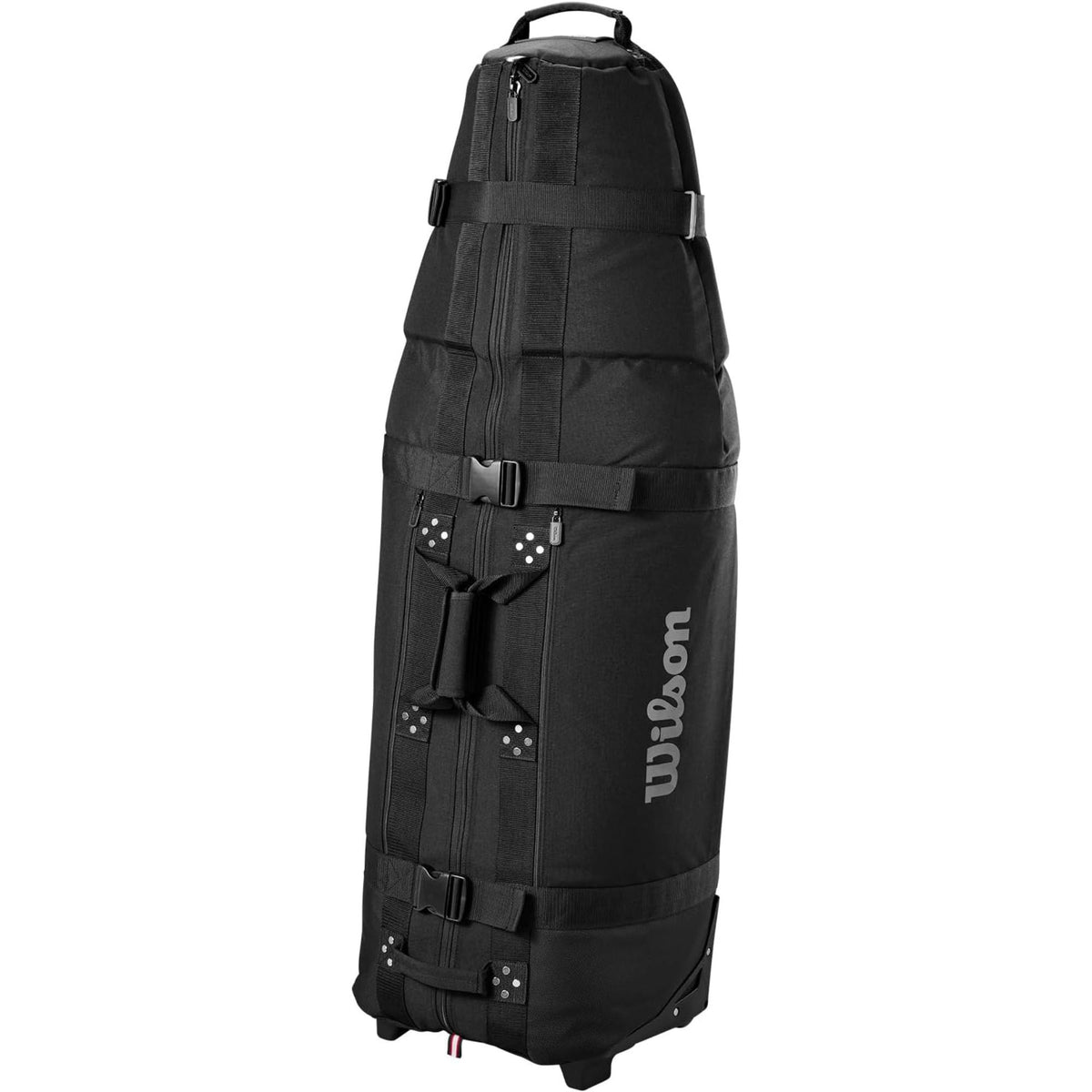 Wilson Golf Tour travel bag in black with reinforced straps, multiple buckles, and padded protection for transporting golf clubs, shown on a white background.