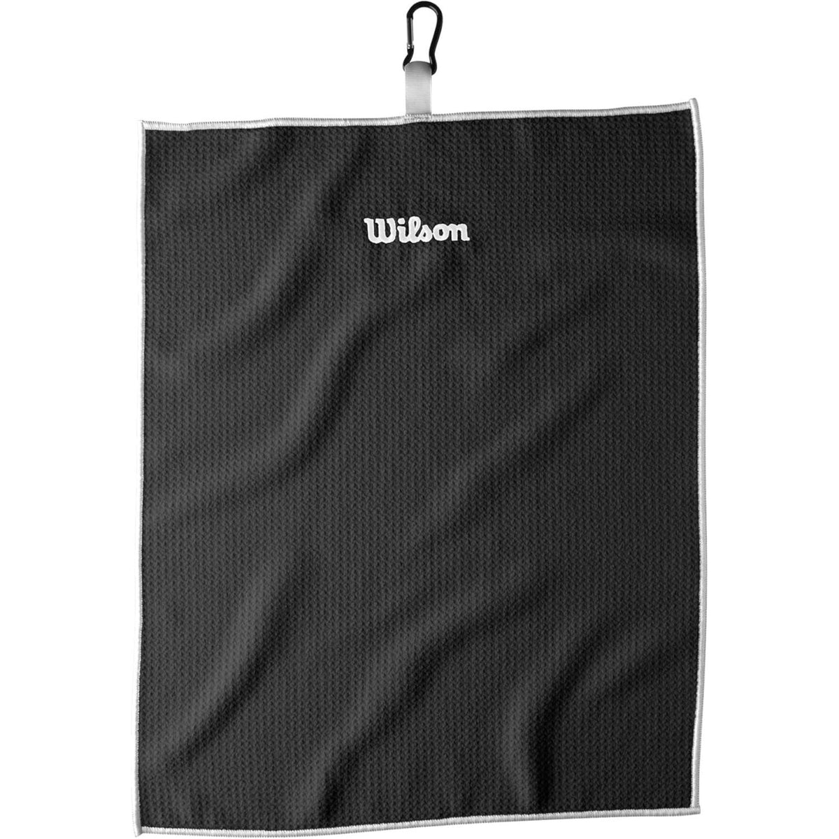 Wilson Golf tri-fold towel in black with white Wilson logo and clip attachment for hanging on a golf bag.