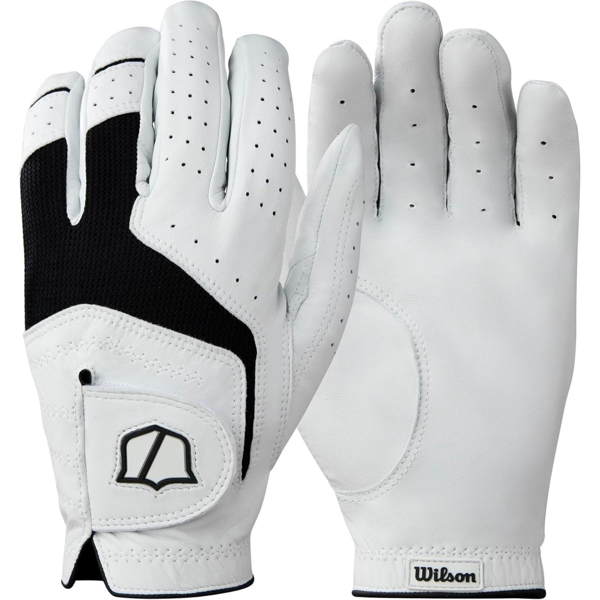 Wilson Golf Men’s Conform golf glove in white with black mesh stretch panel, perforated fingers for ventilation, and adjustable wrist closure, shown front and back on a white background.