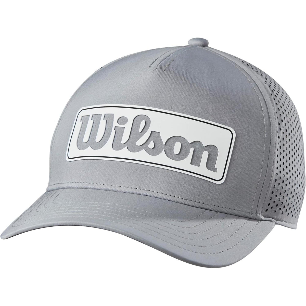Wilson Golf performance hat in gray  featuring a large white Wilson logo patch on the front and perforated side panels for breathability.
