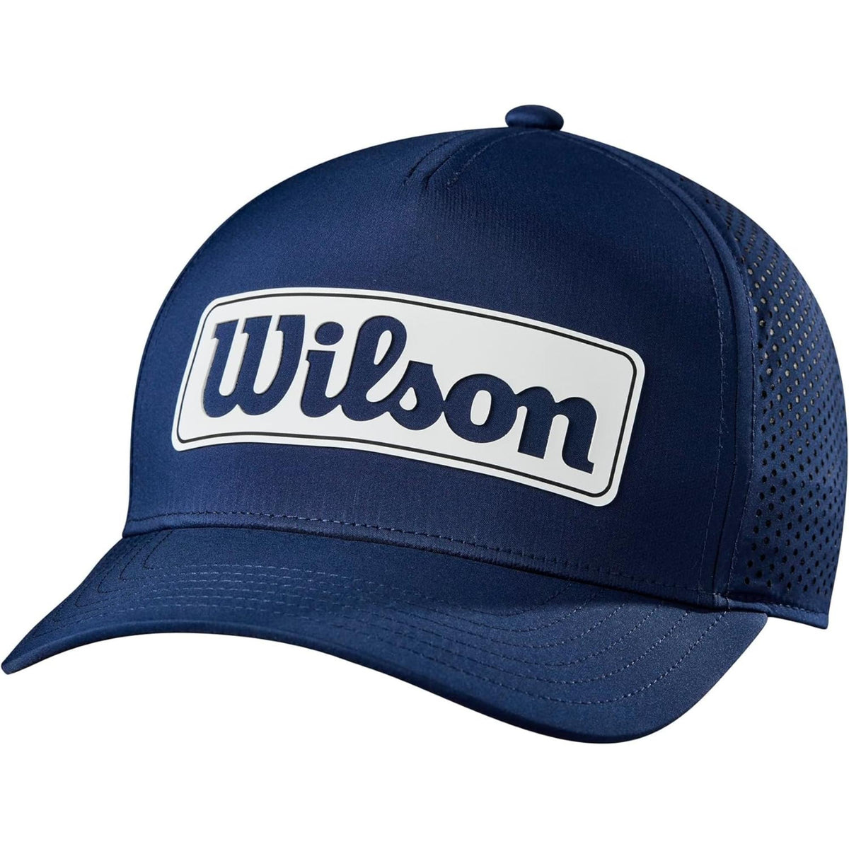 Wilson Golf performance hat in navy featuring a large white Wilson logo patch on the front and perforated side panels for breathability.