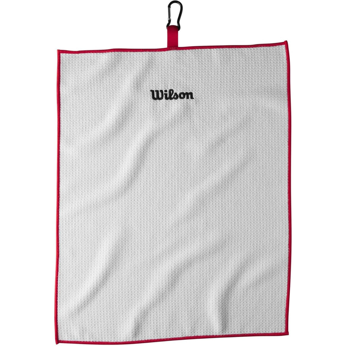 Wilson Golf tri-fold towel in white with black Wilson logo and clip attachment for hanging on a golf bag.