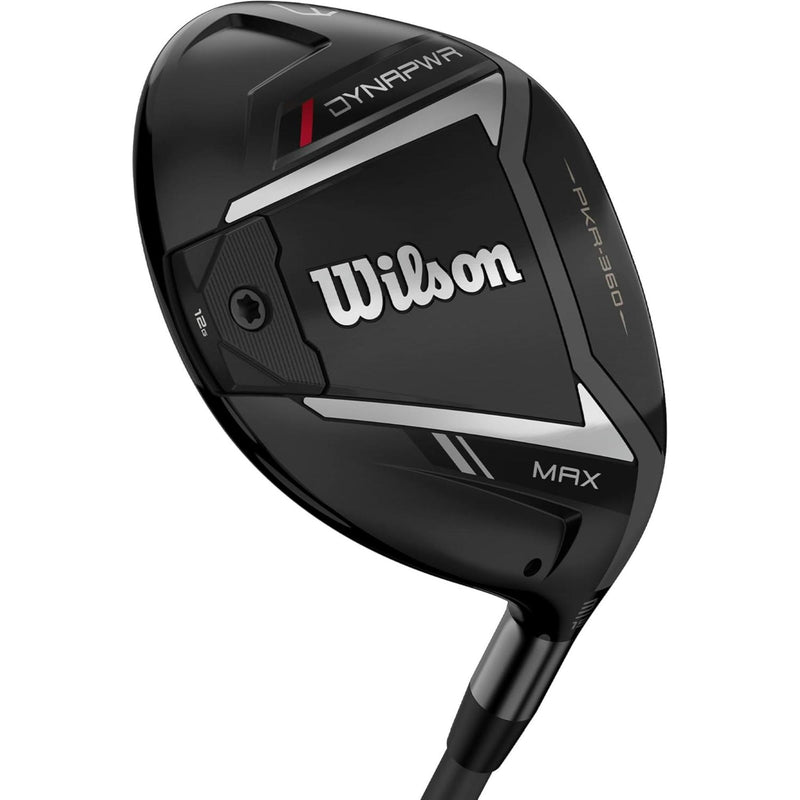 Wilson Golf DYNAPWR Max fairway wood featuring a black club head with PKR-360 technology, aerodynamic shaping, and a sleek performance design.