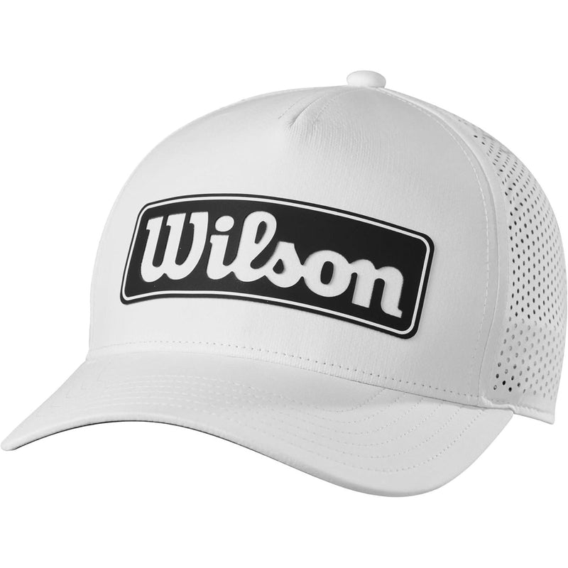 Wilson Golf performance hat in white featuring a large white Wilson logo patch on the front and perforated side panels for breathability.