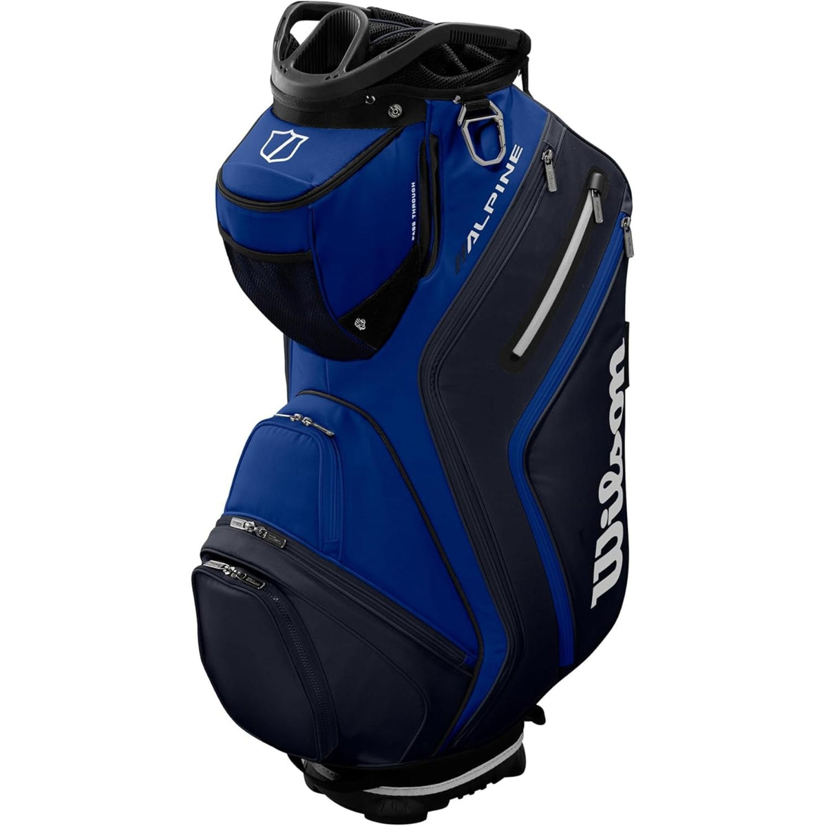 Wilson Golf Alpine cart bag with multiple zippered storage pockets, top club dividers, and integrated carry handles, displayed on a white background.