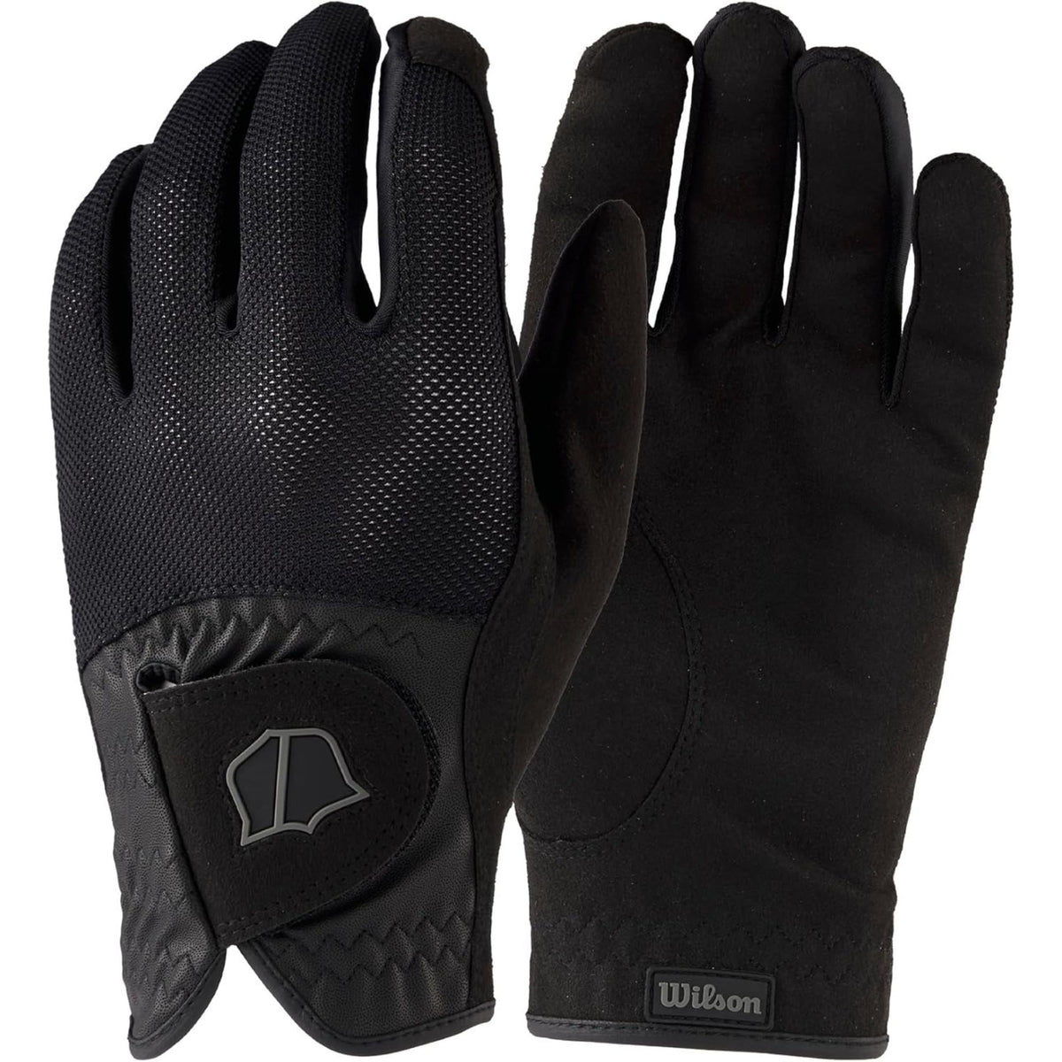 Wilson Golf rain golf gloves in black with textured grip material, breathable mesh backing, and adjustable wrist closure, shown front and back on a white background.