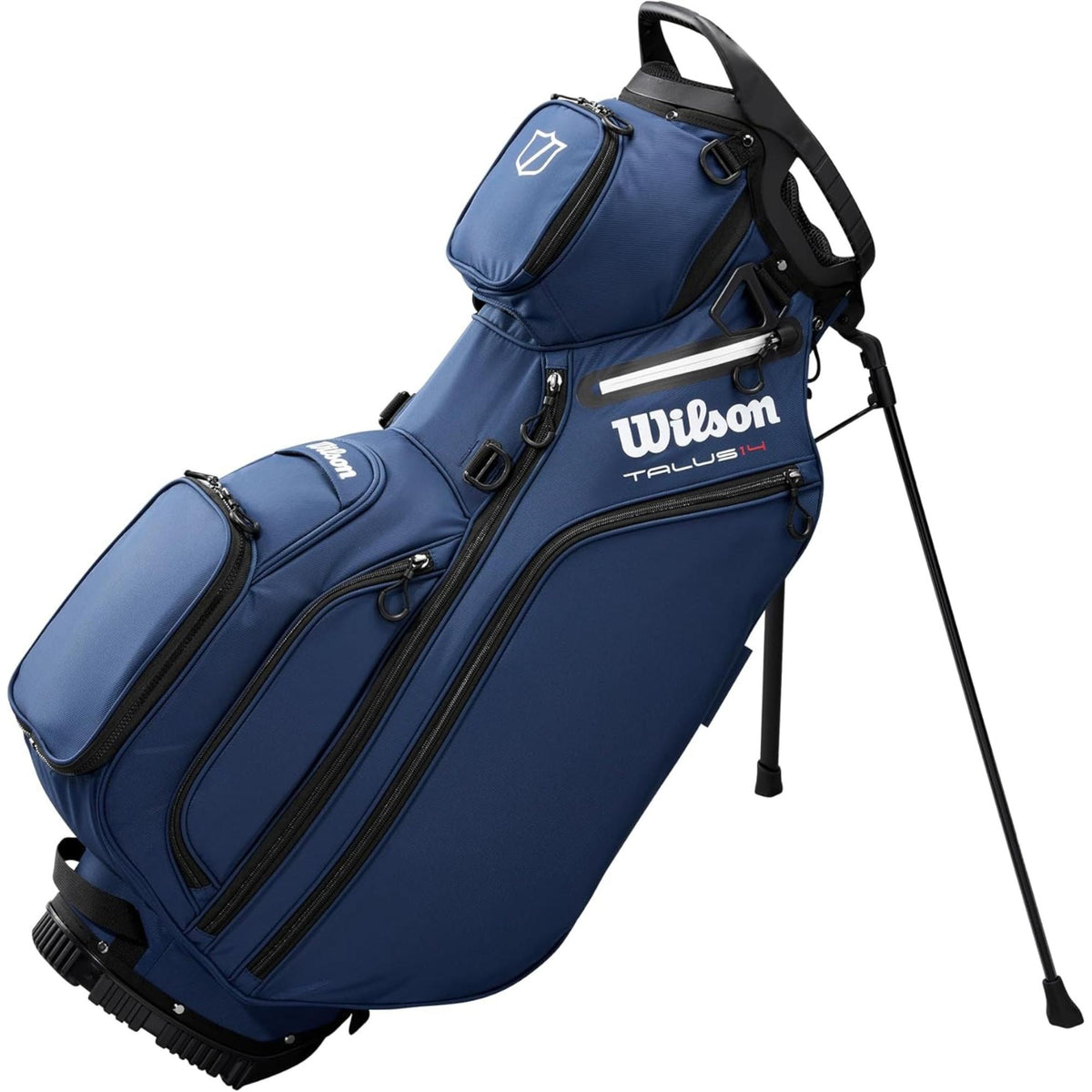 Wilson Golf Talus stand golf bag, multiple zippered pockets, built-in stand legs, and top carry handle, displayed on a white background.