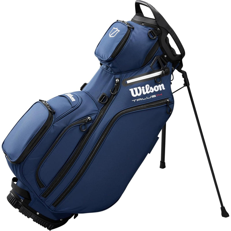 Wilson Golf Talus stand golf bag, multiple zippered pockets, built-in stand legs, and top carry handle, displayed on a white background.