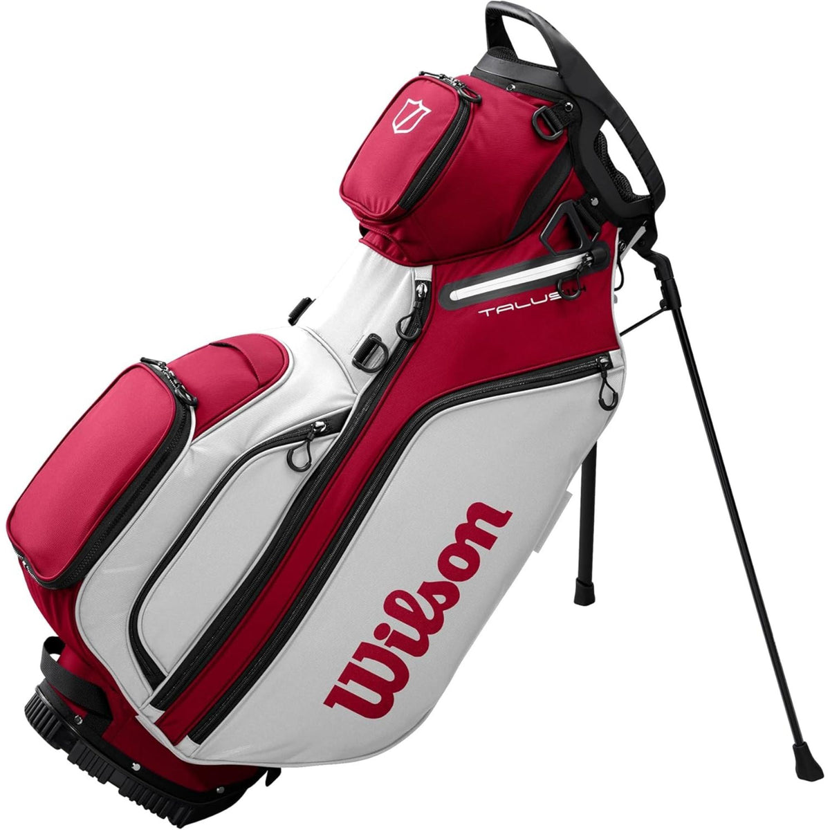 Wilson Golf Talus stand golf bag, multiple zippered pockets, built-in stand legs, and top carry handle, displayed on a white background.