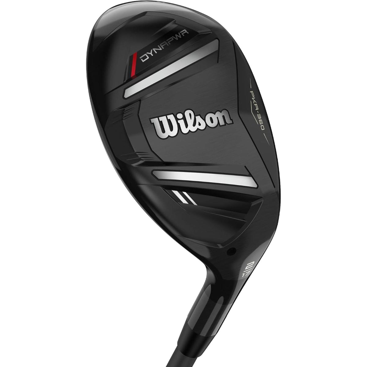 Wilson Golf DYNAPWR hybrid club featuring a sleek black club head with PKR-360 technology and aerodynamic shaping for versatile distance and control.