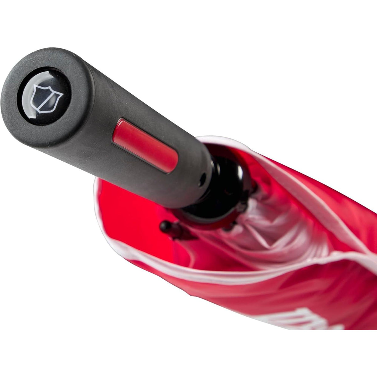 Wilson Golf Tour umbrella in red and white with large Wilson logos, wide canopy design, and black handle, shown open on a white background.