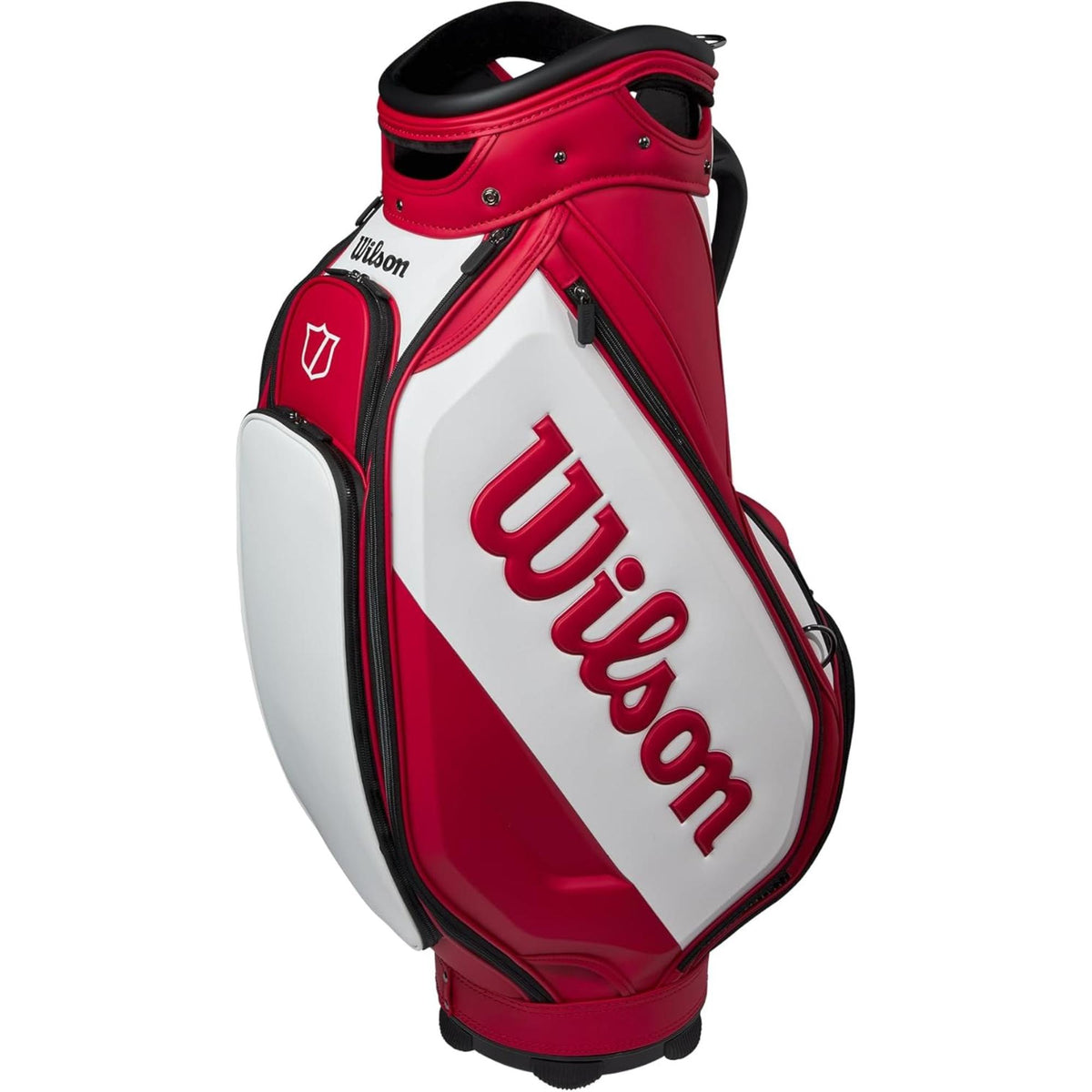 Wilson Golf Staff Tour cart bag in red and white with large Wilson logo, premium structured design, and multiple zippered storage pockets, displayed on a white background.