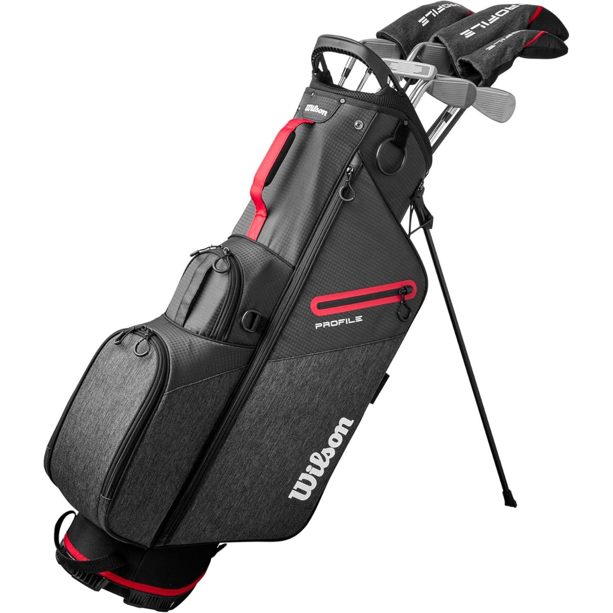 Wilson Golf Teen Profile complete golf club set with stand bag in black and gray with red accents, featuring multiple clubs and built-in stand legs, shown on a white background.