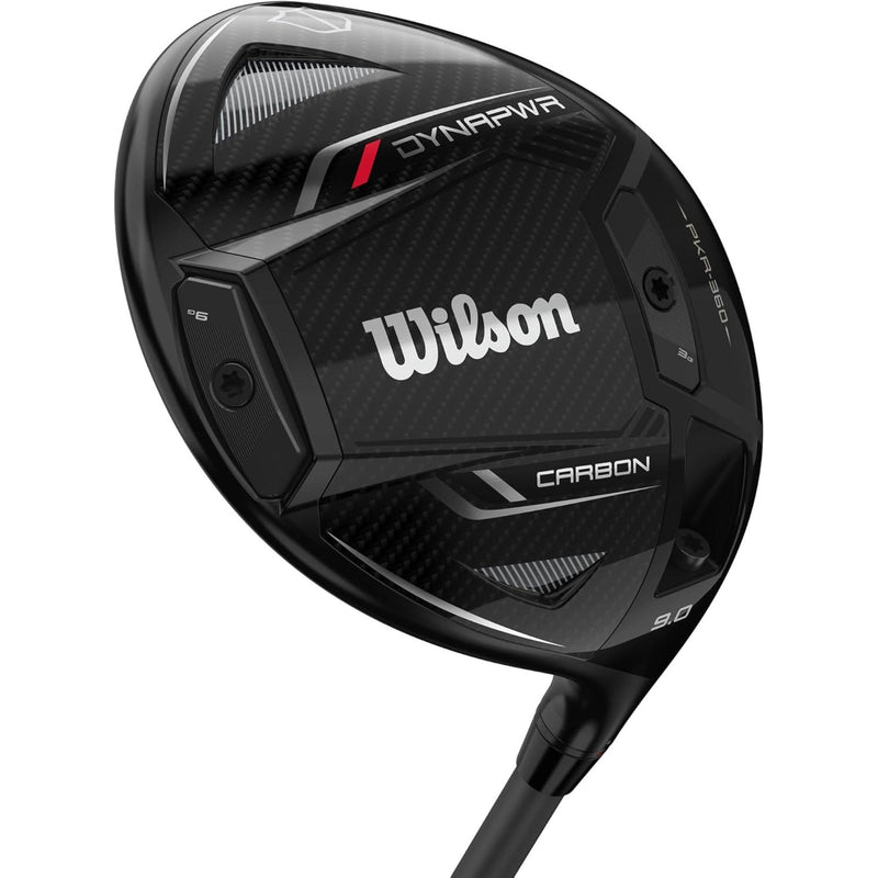 Wilson Golf DYNAPWR Carbon driver featuring a black carbon crown club head, PKR-360 technology, and a 9.0° loft for powerful distance and control.