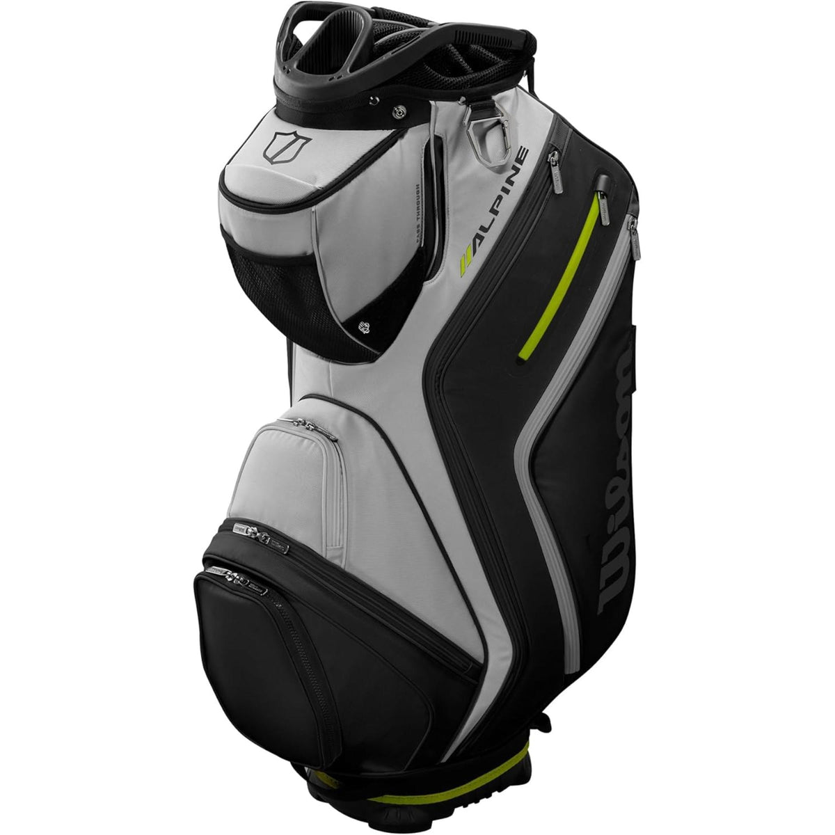 Wilson Golf Alpine cart bag with multiple zippered storage pockets, top club dividers, and integrated carry handles, displayed on a white background.