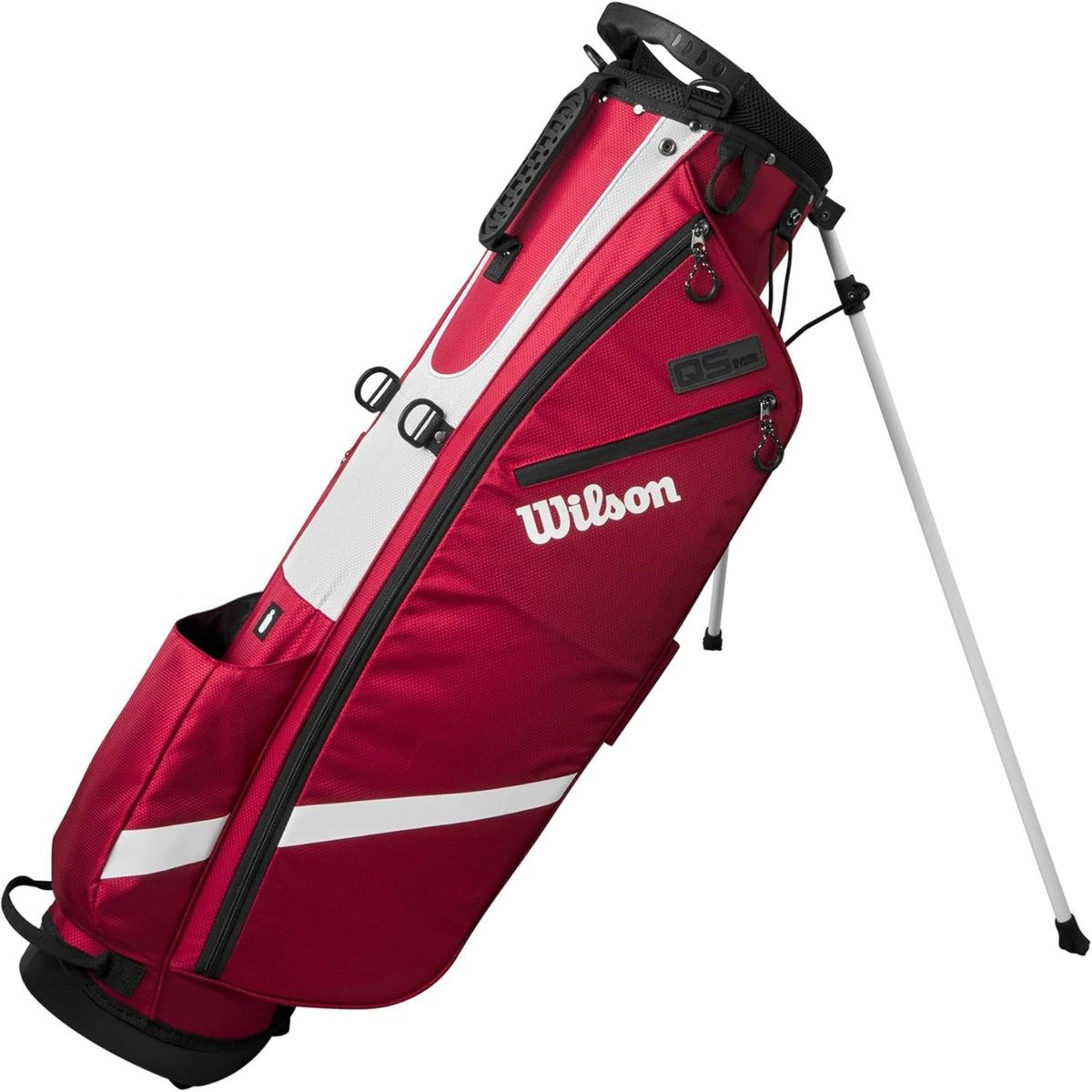 Wilson Golf QS stand golf bag in black and white with multiple zippered pockets, built-in stand legs, and top carry handle, displayed on a white background.