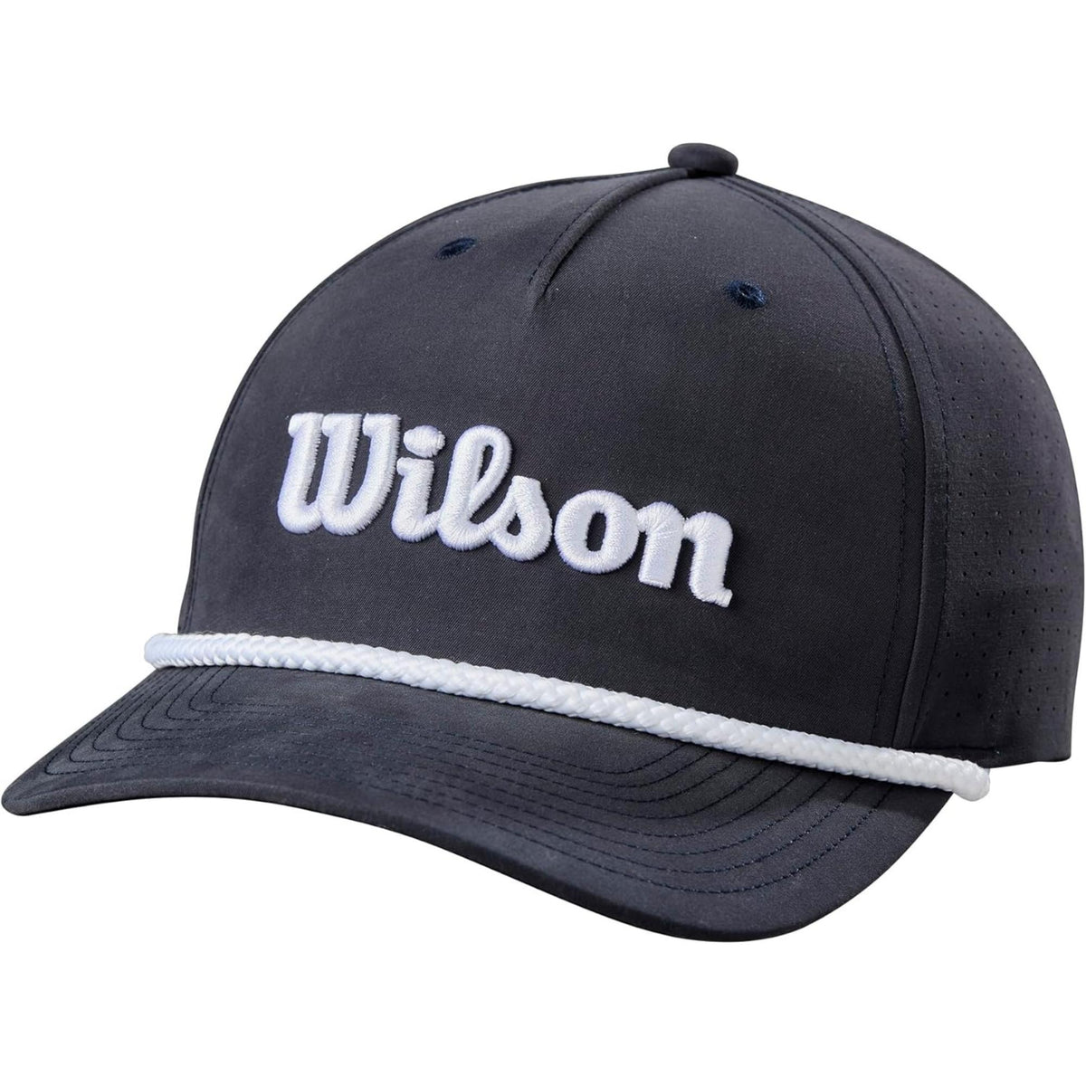 Wilson Golf rope hat in navy blue featuring a white embroidered Wilson logo on the front and a white rope accent across the brim.