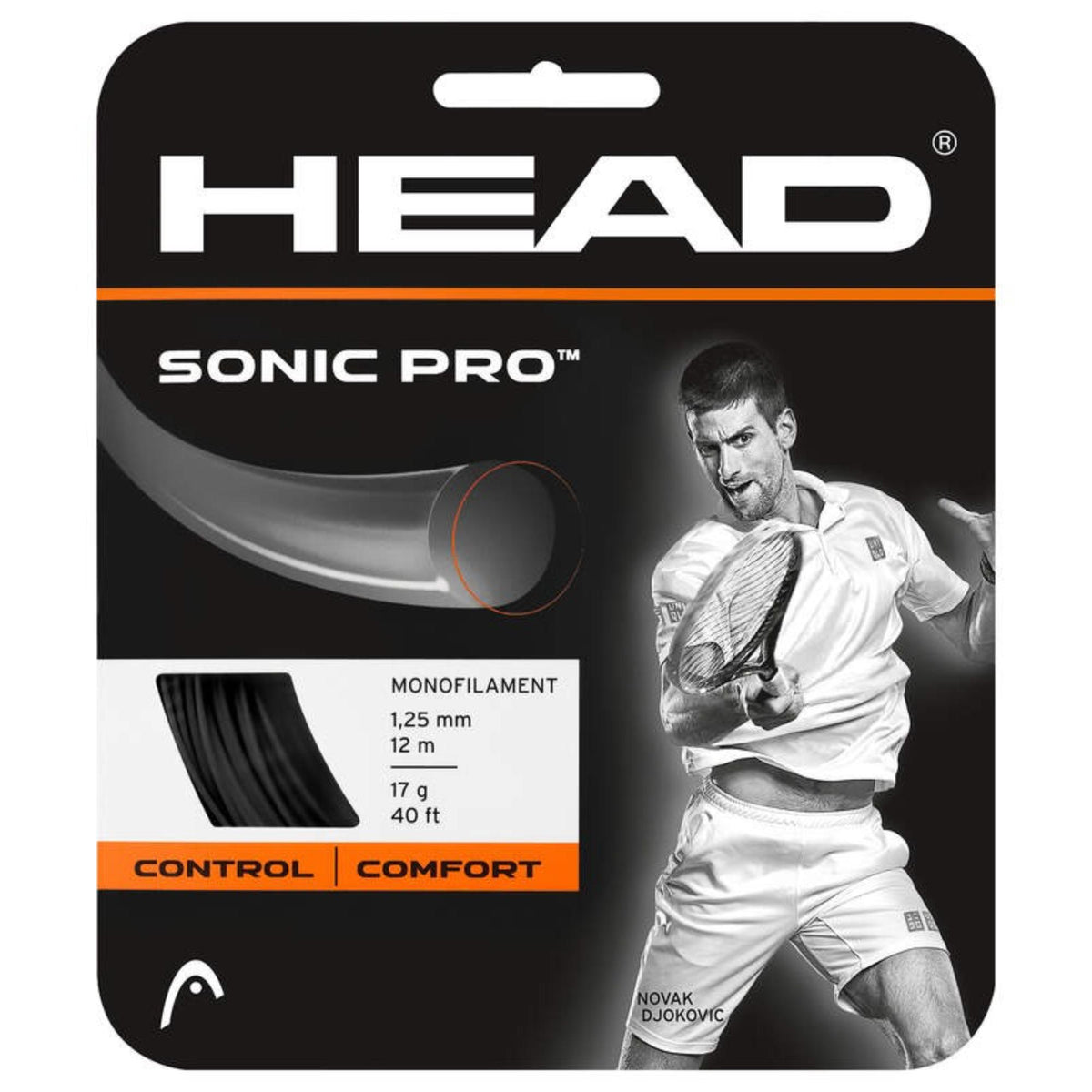 HEAD Sonic Pro monofilament tennis string set, 1.25 mm gauge (12 m / 40 ft), designed for control and comfort, featuring Novak Djokovic on the packaging.