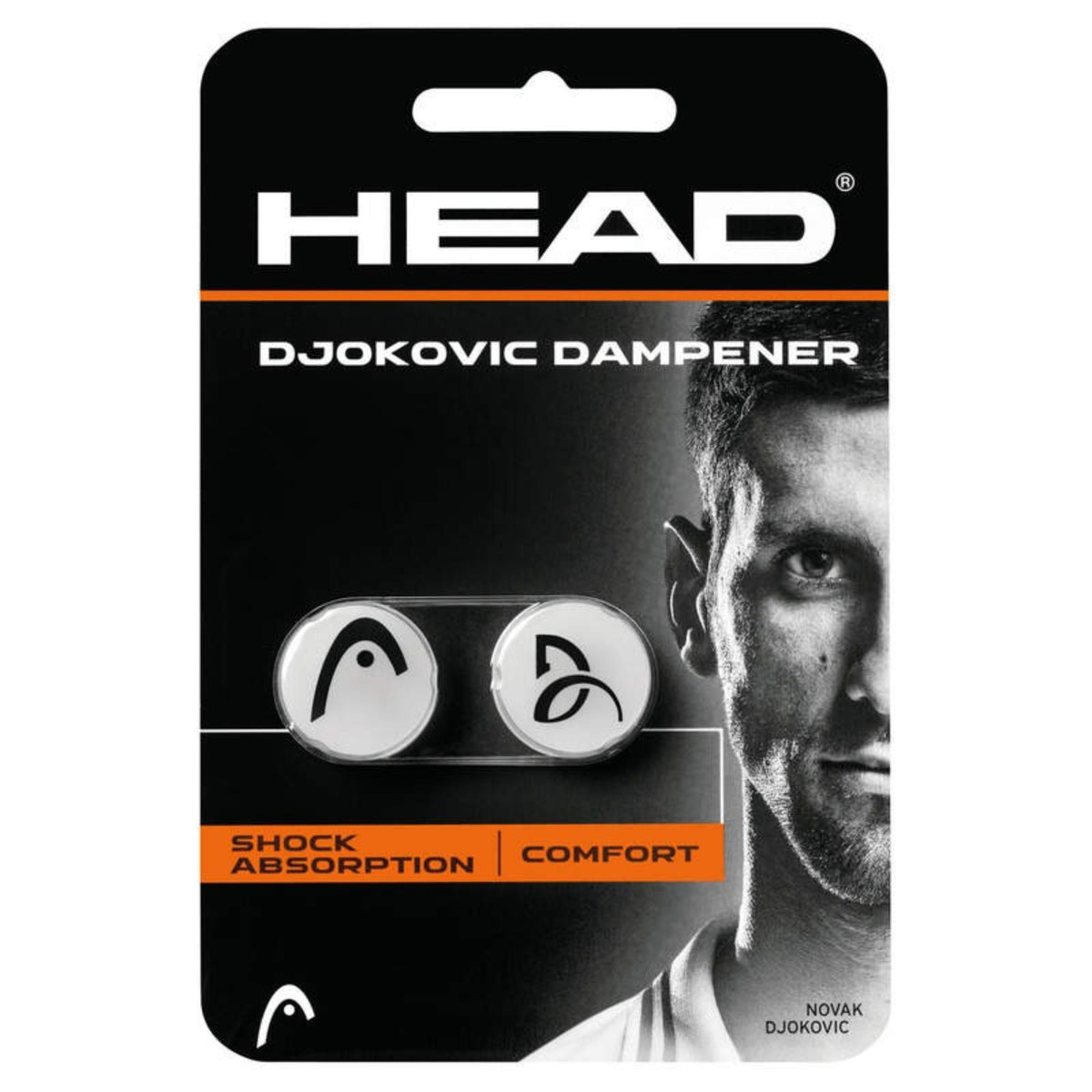 HEAD Djokovic Dampener vibration dampeners in white, retail packaging highlighting shock absorption and comfort, featuring Novak Djokovic branding.