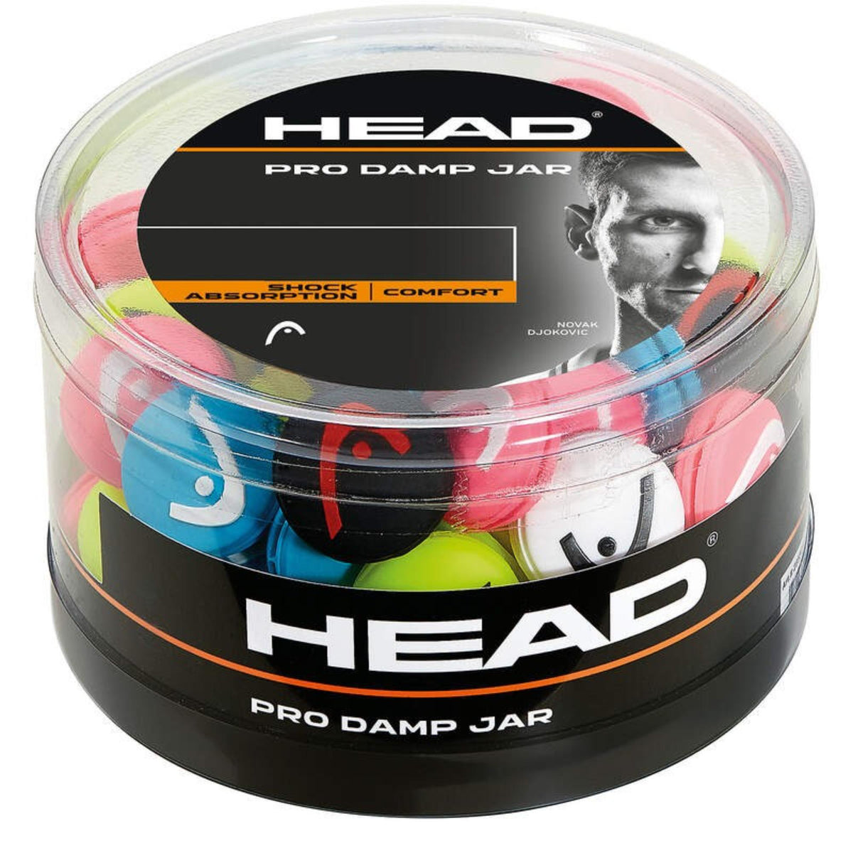 HEAD Pro Damp Jar filled with assorted color tennis vibration dampeners, retail container showing shock absorption and comfort