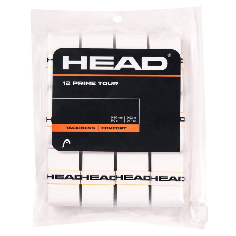 HEAD 12 Prime Tour overgrip pack in white, showing twelve white overgrips in a clear resealable pouch with HEAD branded label and tackiness/comfort details.