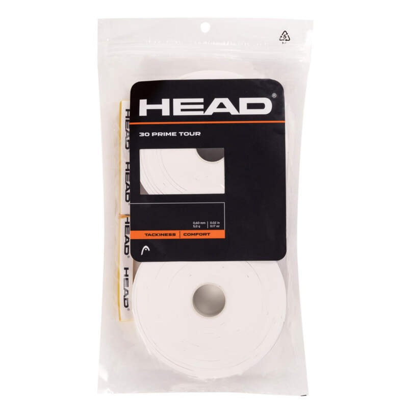 HEAD 30 Prime Tour overgrip roll, white, in resealable pouch packaging.