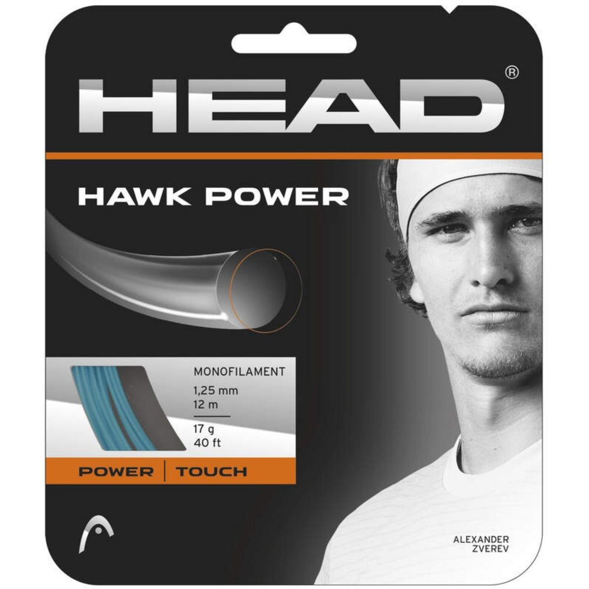 HEAD Hawk Power monofilament tennis string set, 1.25 mm gauge (12 m / 40 ft), featuring Alexander Zverev on packaging and labeled for power and touch.