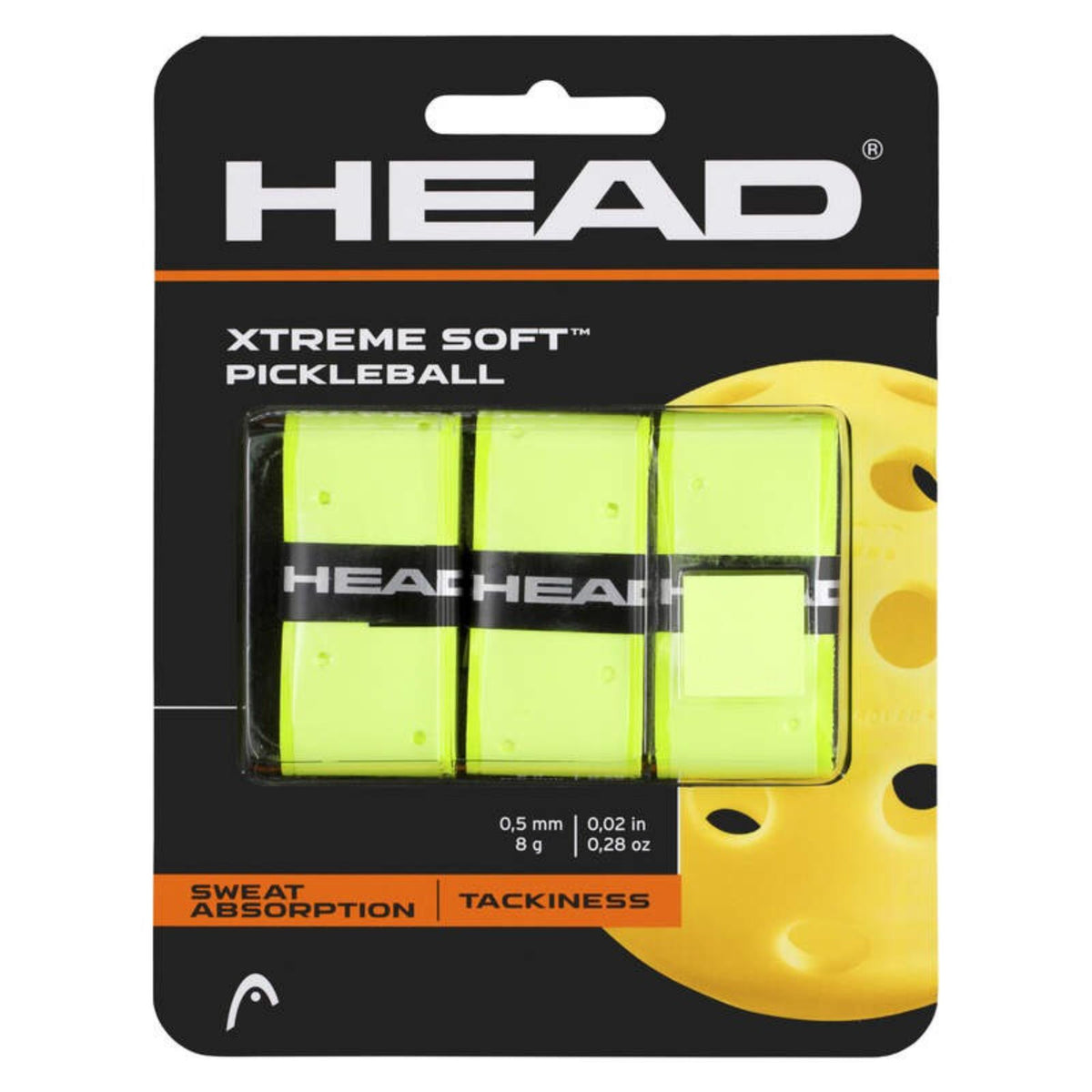 HEAD Xtreme Soft Pickleball overgrip 3-pack in neon yellow, packaged retail card highlighting sweat absorption and tackiness.