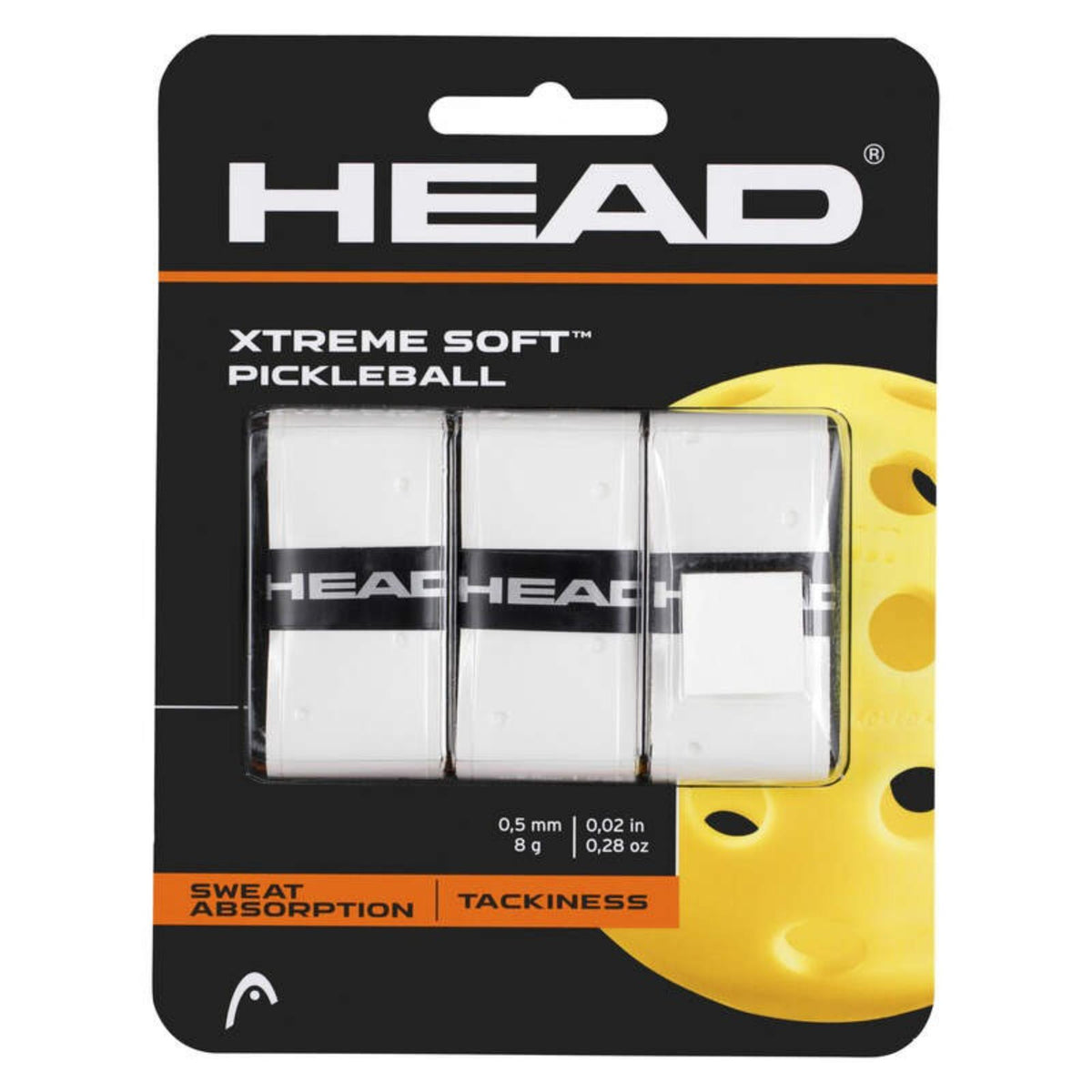 HEAD Xtreme Soft Pickleball overgrip 3-pack in white, retail packaging emphasizing sweat absorption and tackiness.
