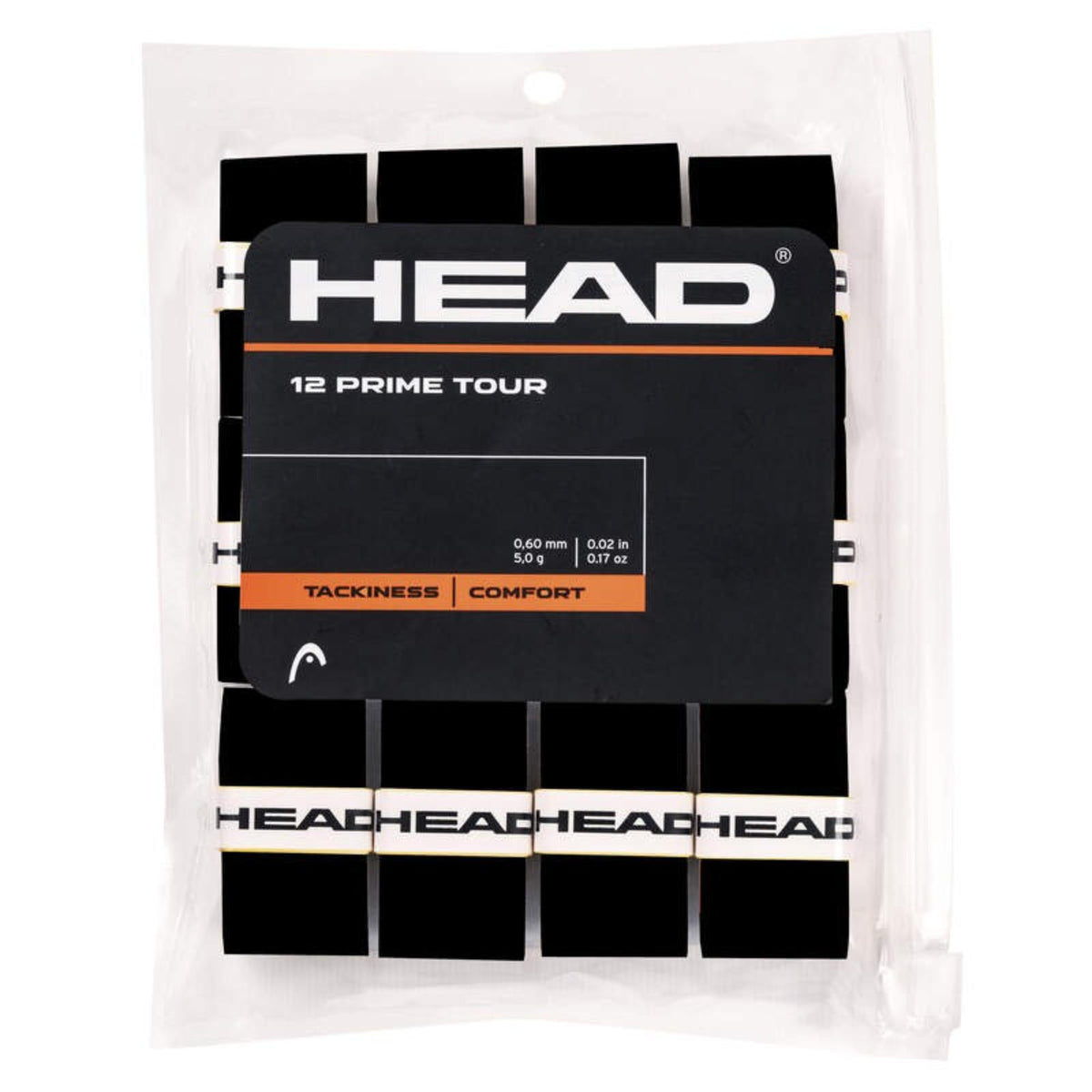 HEAD 12 Prime Tour overgrip pack in black, showing twelve black overgrips in a clear resealable pouch with HEAD branded label and tackiness/comfort details.
