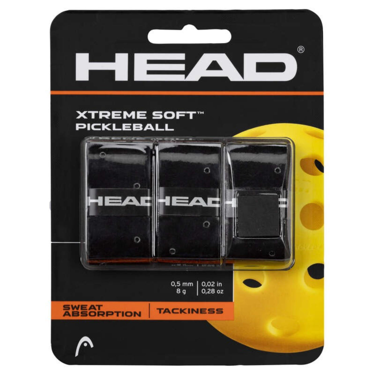 HEAD Xtreme Soft Pickleball overgrip 3-pack in black, retail packaging with sweat absorption and tackiness features displayed.