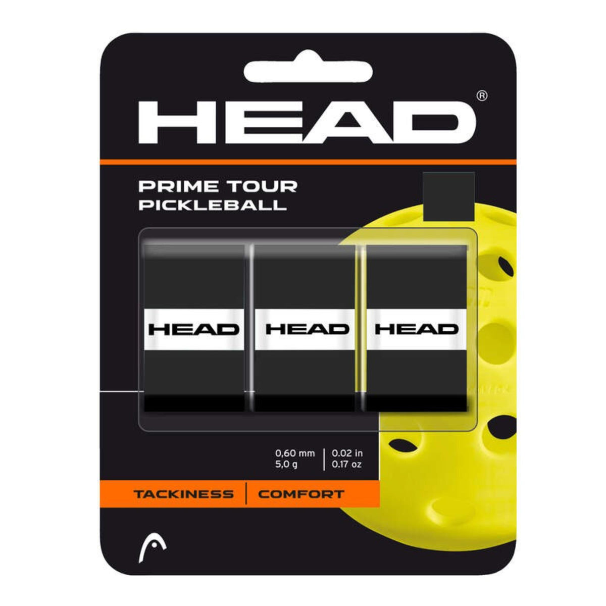 HEAD Prime Tour Pickleball overgrip pack with three black grips in retail packaging, featuring tacky feel and comfort, shown with yellow pickleball graphic.