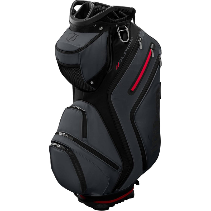 Wilson Golf Alpine cart bag with multiple zippered storage pockets, top club dividers, and integrated carry handles, displayed on a white background.