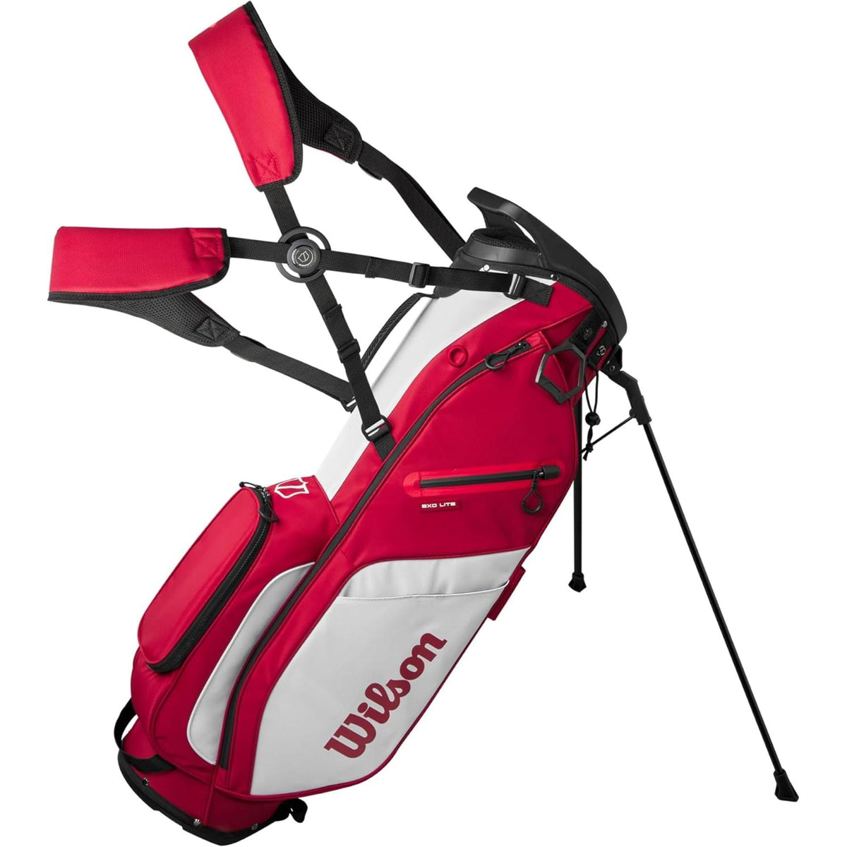 Wilson EXO Lite stand golf bag with lightweight carry design, 4-way top divider, dual padded shoulder straps, and multiple storage pockets for organized, comfortable carrying on the course.