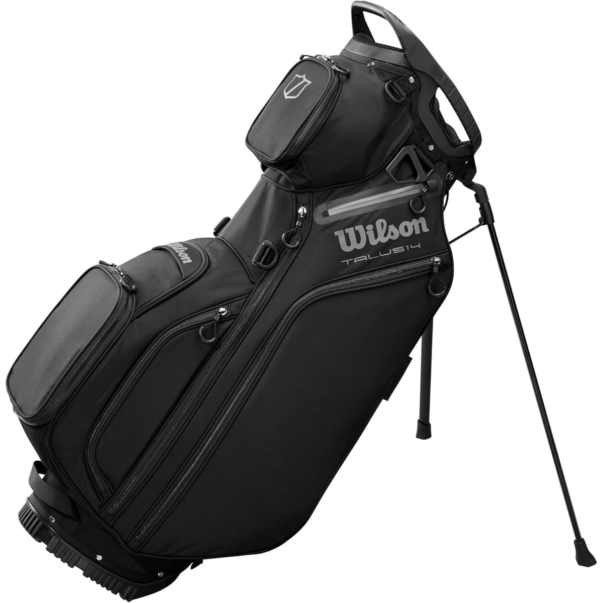 Wilson Golf Talus stand golf bag, multiple zippered pockets, built-in stand legs, and top carry handle, displayed on a white background.