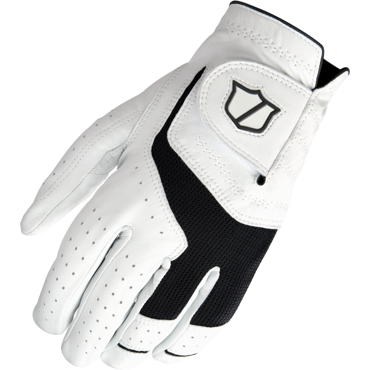 Wilson Golf Men’s Conform golf glove in white with black mesh stretch panel, perforated fingers for ventilation, and adjustable wrist closure, shown front and back on a white background.