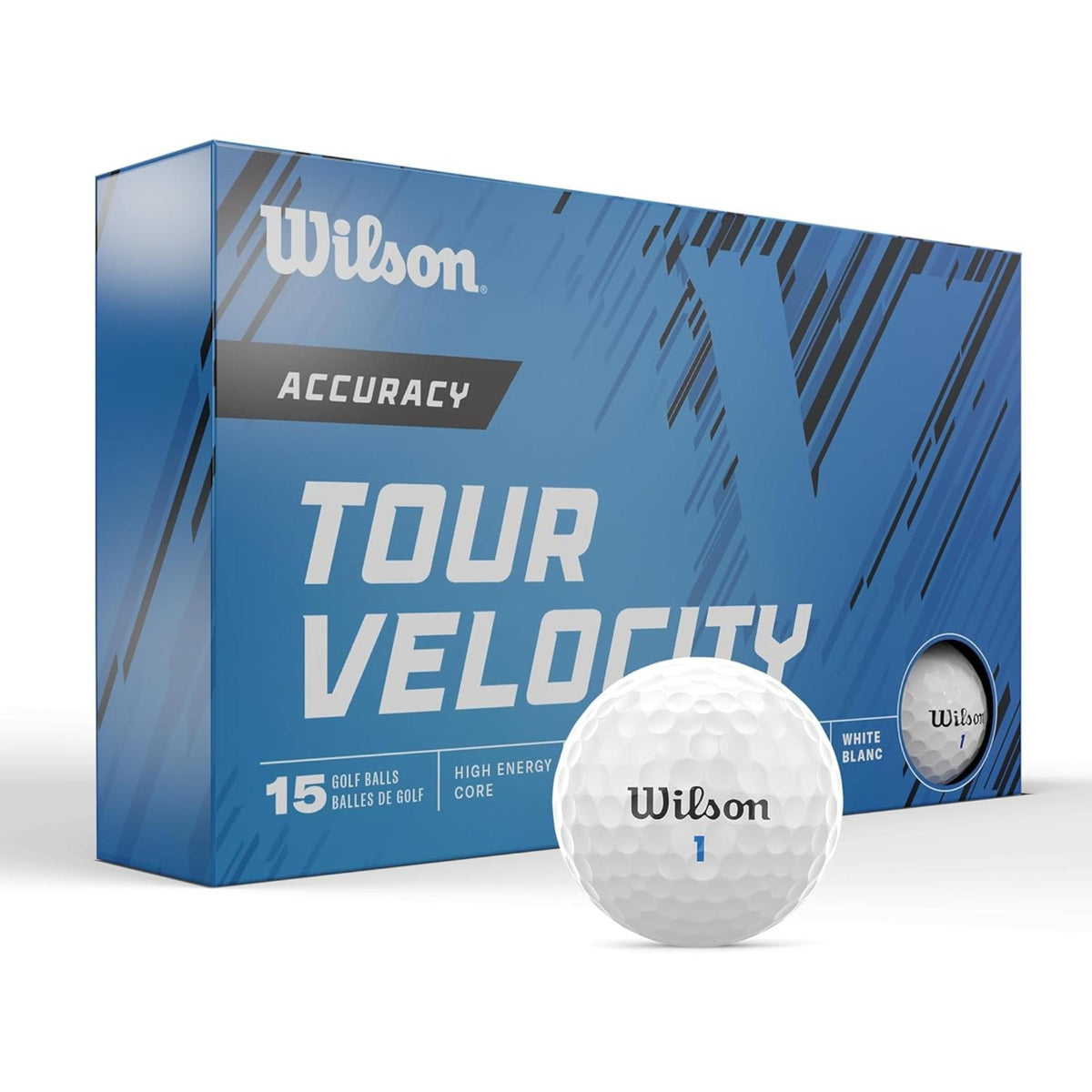 Wilson Tour Velocity Accuracy golf balls 15-pack in blue box packaging with a single white Wilson golf ball displayed in front.